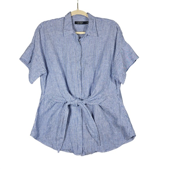 Lauren Ralph Lauren Tops - Lauren Ralph Lauren Shirt L Blue White Striped 100% Linen Tie Front Short Sleeve